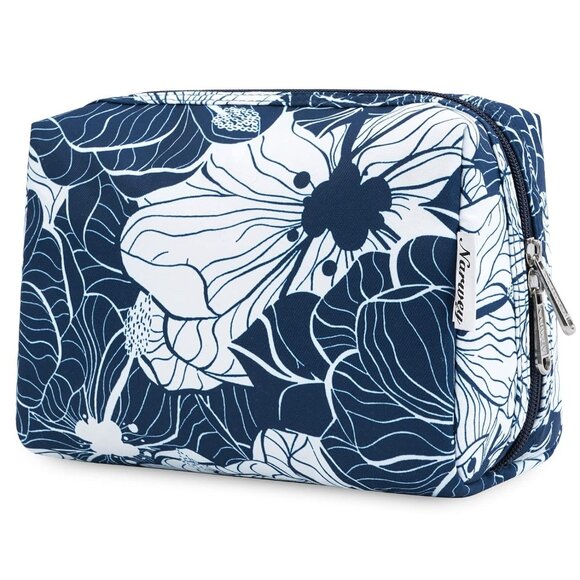 Women Blue Lotus Large Makeup Bag Zipper Pouch Travel Cosmetic Organizer - Picture 1 of 6